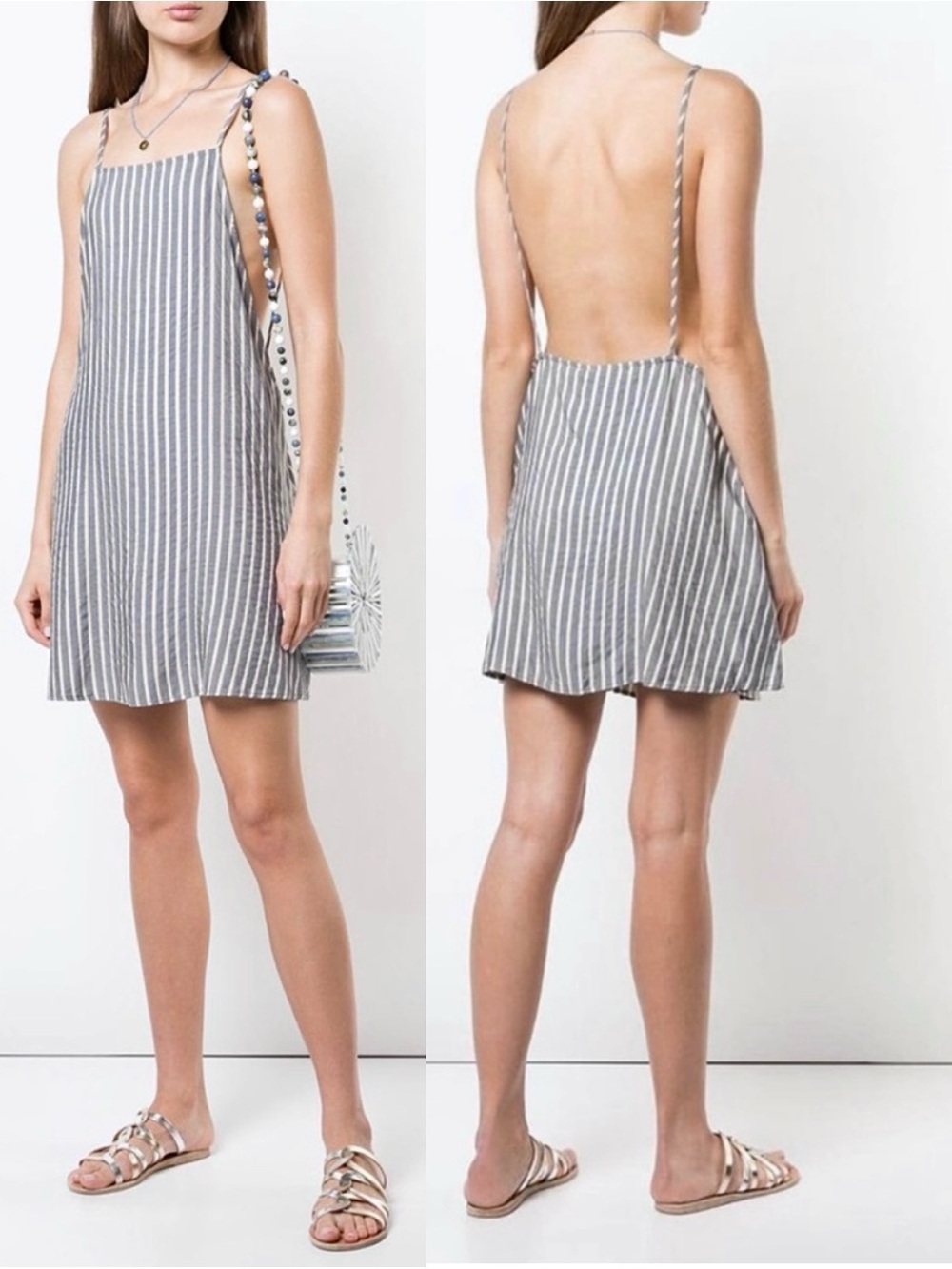 ONIA Nautical Stripe Square Neck Open Back Beach Coverup Apron Slip Mini Dress L